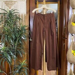 Brown Wide Leg Pleated Pants S | High Rise Minimalist Trousers Pockets Stretch